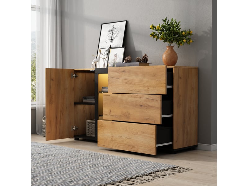 Buffet moderne 140 cm console noir et marron avec led et 3 tiroirs - Conforama D