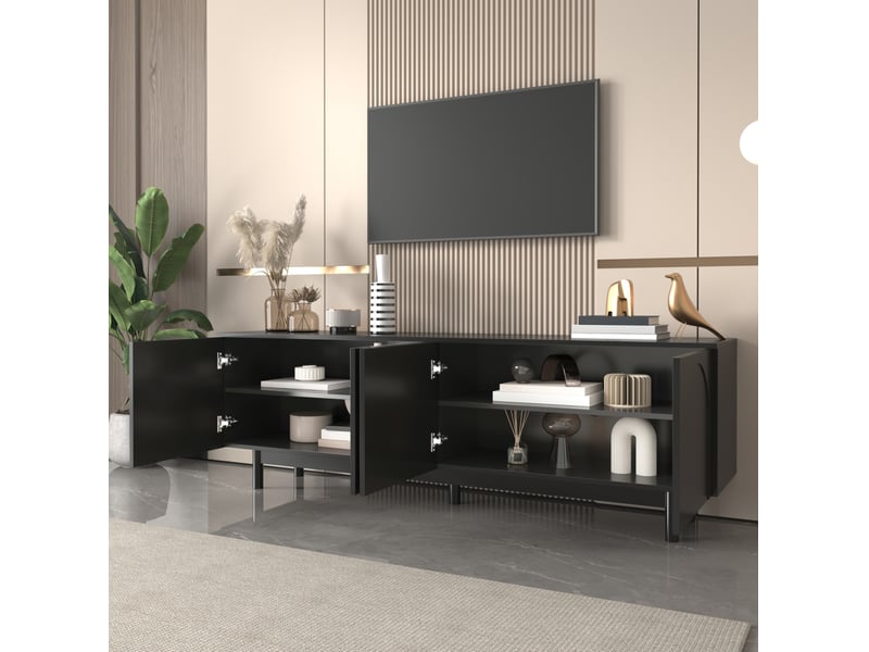  Meuble tv 175x38x56cm avec shelves réglables, 4 portes, design bas et léger, mdf et panneaux de particules, noir  - Conforama C