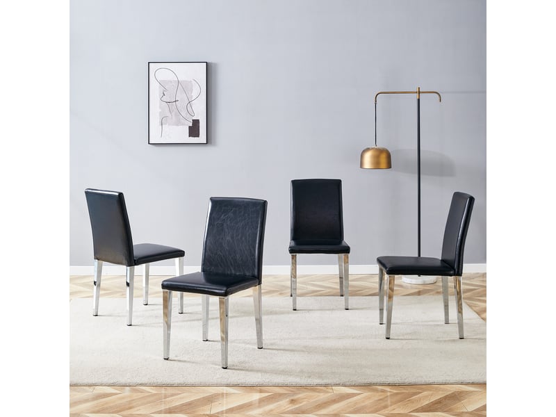  Lot de 4 chaises de salle à manger avec dossier ergonomique  - pieds métal, simili cuir noir et argent  - Conforama C