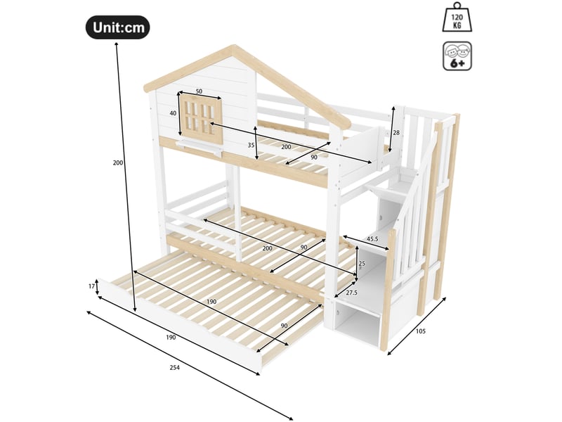 Lit superposé enfant 90x200 cm avec lit gigogne et escalier de rangement blanc naturel  - Conforama C