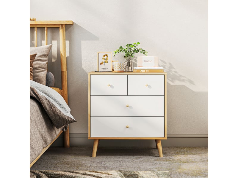  Commode à 4 tiroirs, finition élégante et grand espace de rangement, 60 x 35 x 65 cm, chêne et blanc  - Conforama D