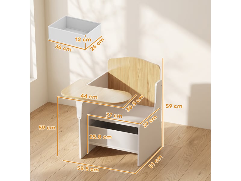  Ensemble table et chaises pour enfants de 3 à 5 ans, en mdf avec motifs de cœurs et rangement intégré, blanc.  - Conforama D
