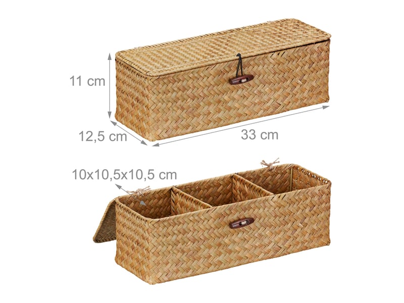  Boîte de rangement avec couvercle 30 x 20 x 15 cm pour cosmétiques 3 compartiments design élégant en zostère beige 13_0014795  - Conforama A