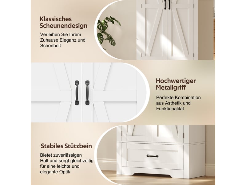  Armoire haute de cuisine 80x35x183 cm avec 2 portes style grange, 1 grand tiroir, rangements de porte, étagères réglables, anti-basculement, mdf blanc  - Conforama E