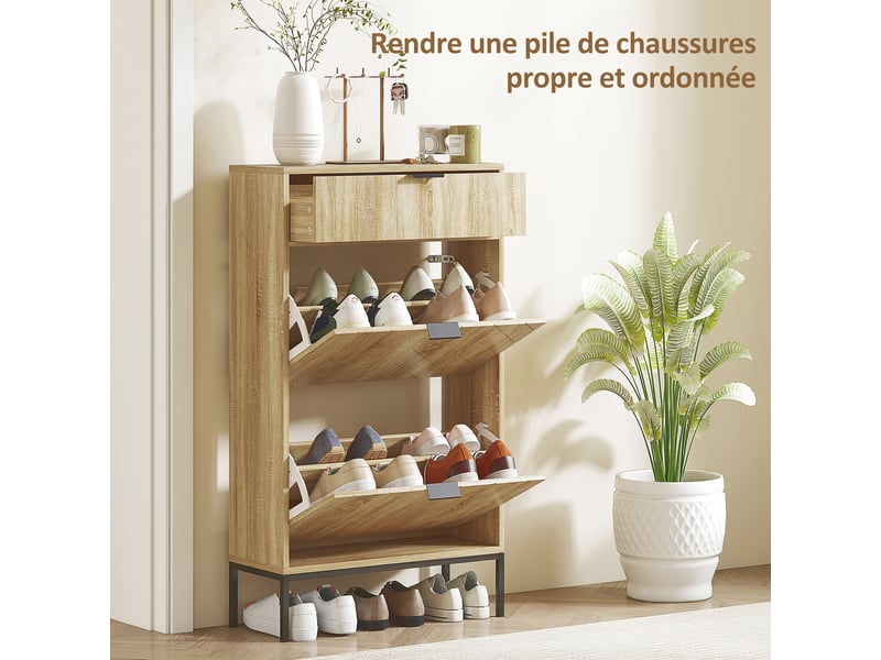  Meuble à chaussures 8 paires avec tiroir coulissant, 2 tiroirs rabattables, étagères réglables, 60x24x105,5cm, chêne  - Conforama E