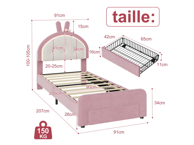  Lit simple, 90 x 200 cm, avec une tête de lit à motif lapin et lumière led, velours, rose  - Conforama C