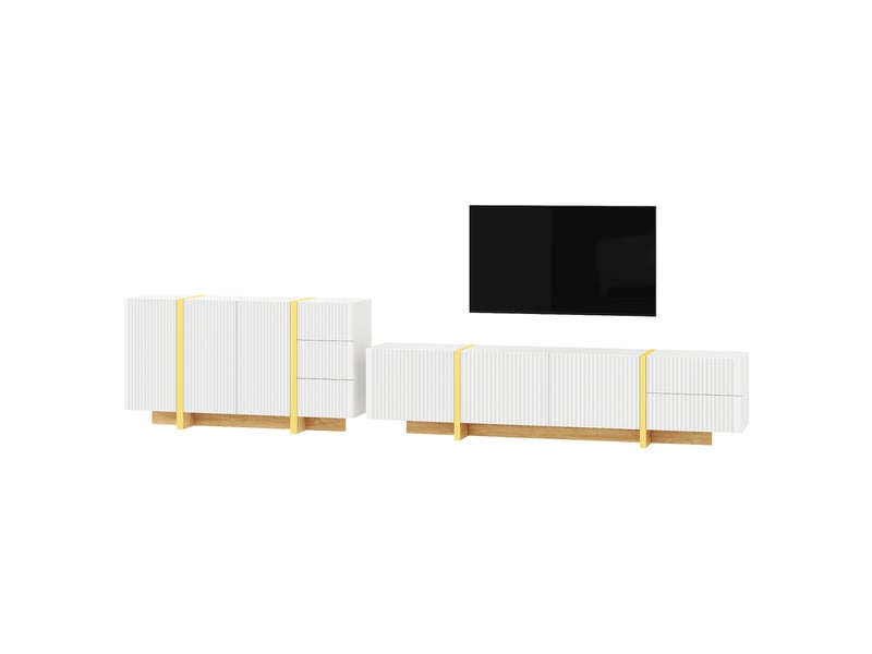  Ensemble meuble tv 190 cm et buffet 140 cm, ensemble avec buffet, portes et tiroirs, façades rainurées, blanc et doré, rangement pour salon ABC - Conforama A