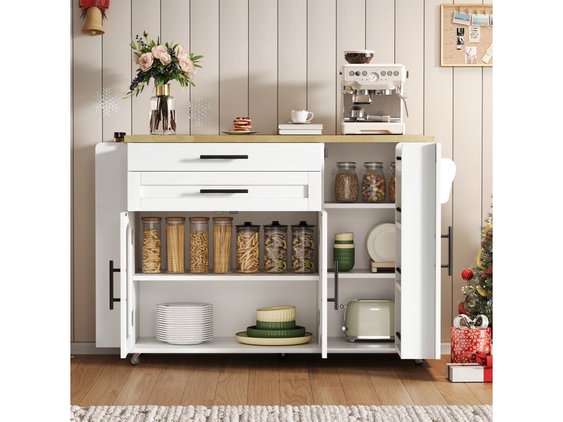  Îlot de cuisine mobile avec plan de travail rabattable, desserte de cuisine sur roulettes, 138x70x90 cm  - Conforama E
