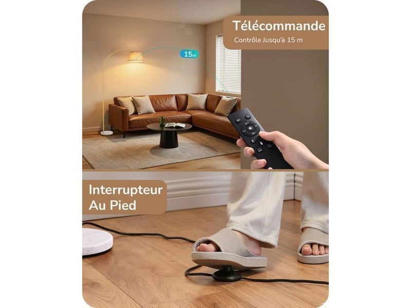  Lampadaire arc reglable or, abat-jour tissu beige, hauteur et tete ajustables, led e27 dimmable, commande a distance et pedal 370618_AACKG66304_6_DROPFR - Conforama C