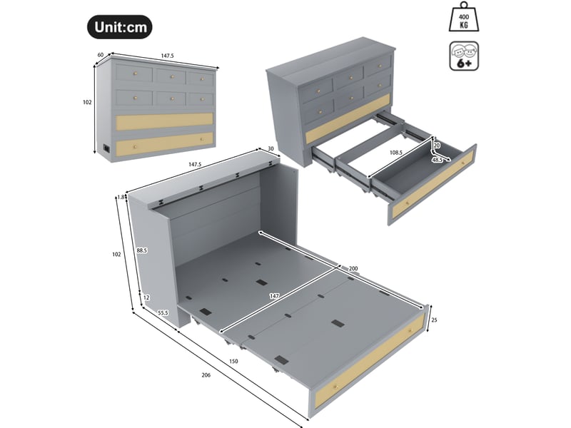  Lit escamotable, 140x200 cm, lit rabattable, avec tiroirs pratiques, étagère, matelas non inclus, mdf, coloris gris  - Conforama C