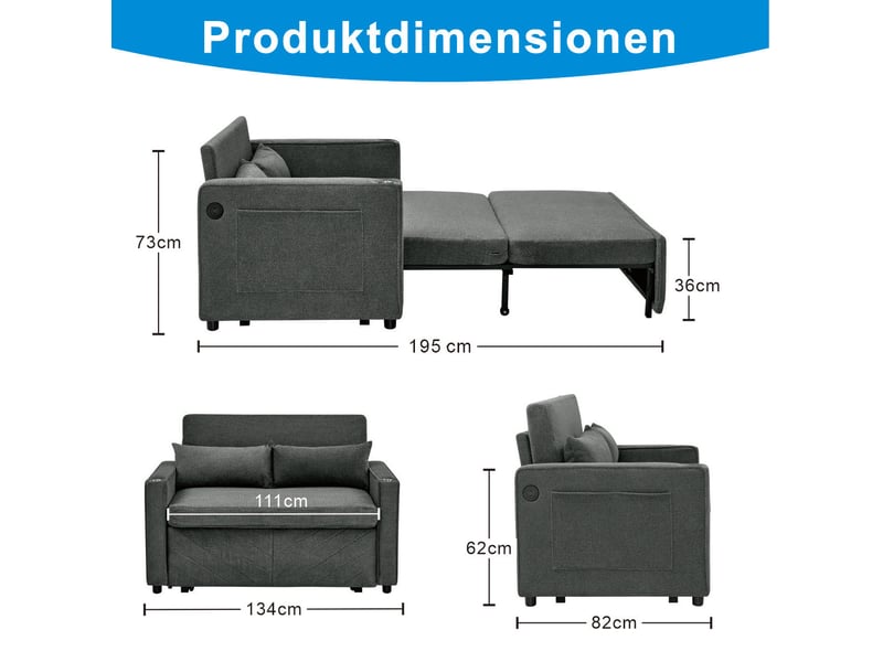 Canapé droit convertible 2 places gris foncé en tissu avec usb, système coulissant pour siestes et invités  - Conforama C