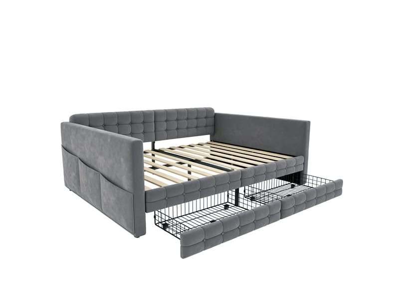  Lit banquette 2 places 140 × 190 cm avec 2 tiroirs, poches latérales et tête de lit, sans matelas, velours gris  - Conforama A