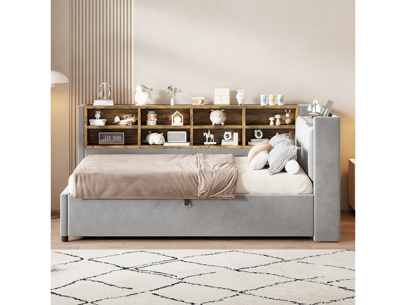  Lit coffre enfant 90x200 cm, led, usb type-c, étagères, rangement, sommier, velours gris clair, sans matelas  - Conforama B