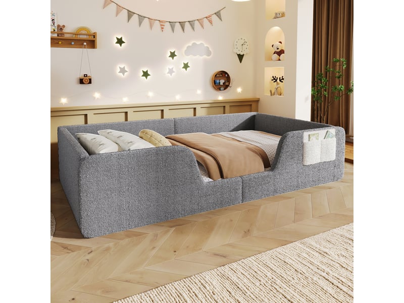 Lit enfant rembourré 90 x 190 cm avec barrières latérales rembourrées amovibles et poche de rangement intégrée, en velours gris, sans matelas - Conforama C