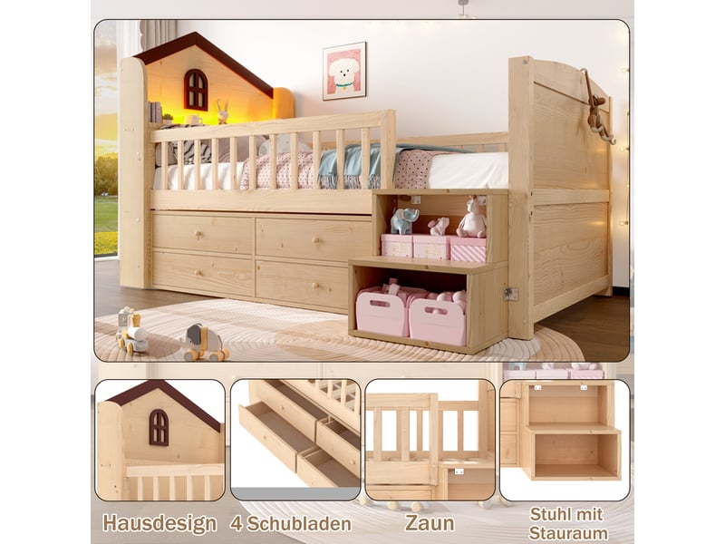  Lit mezzanine 90x200 cm, lit enfant, 4 tiroirs, échelle sécurisée, led, forme maison, bois de pin naturel  - Conforama R