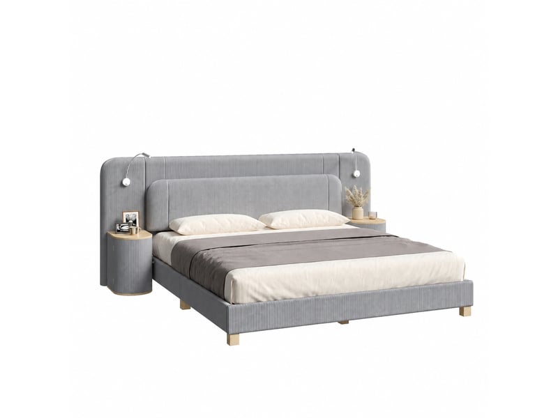  Lit 180x200 cm en velours côtelé gris avec tables de chevet et éclairage led  - Conforama A