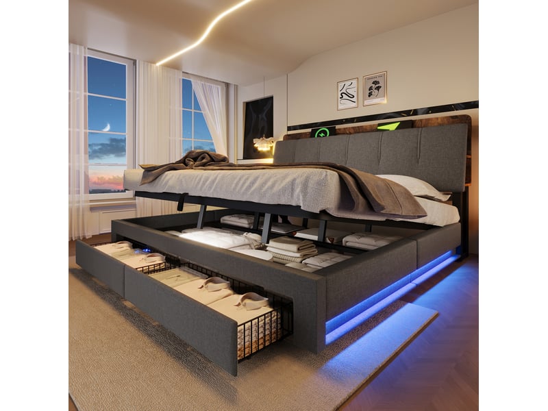  Lit coffre 180x200 cm en lin gris avec led, usb et usb-c  - Conforama D