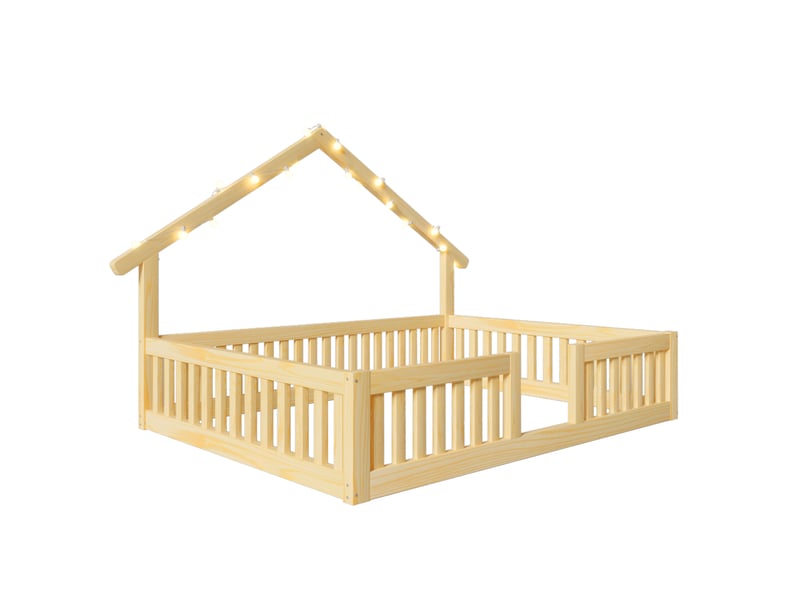  Lit d'enfant 140 x 200 cm, avec barrière de sécurité, guirlande lumineuse led, couleur naturelle  - Conforama E