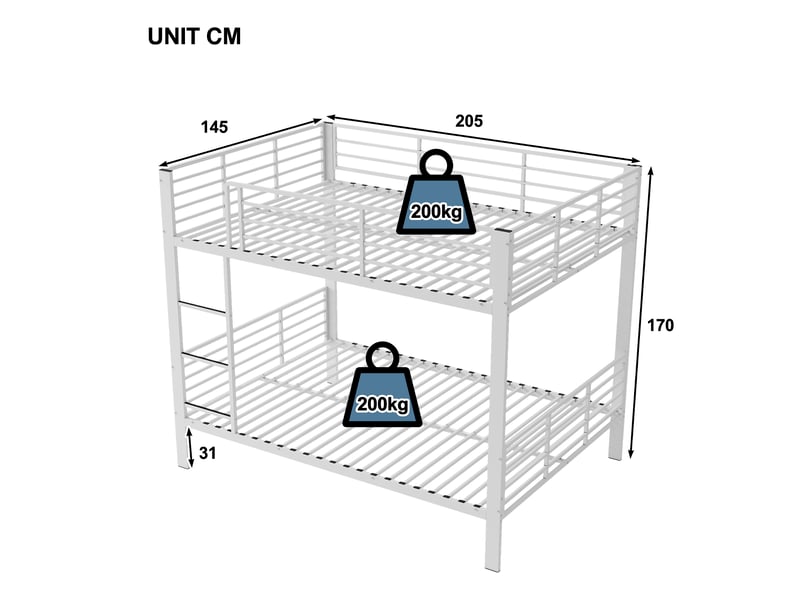  Lit superposé 140x200 cm en métal, structure renforcée 400 kg, sans bruit, barrière de sécurité haute, idéal appartements, blanc Radiant Stride - Conforama C
