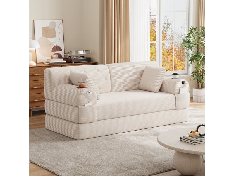 Canapé convertible 2 places 168x80x81 cm sans montage, dossier haut, 2 porte-gobelets, 4 poches latérales, mousse haute densité, velours côtelé beige - Conforama C