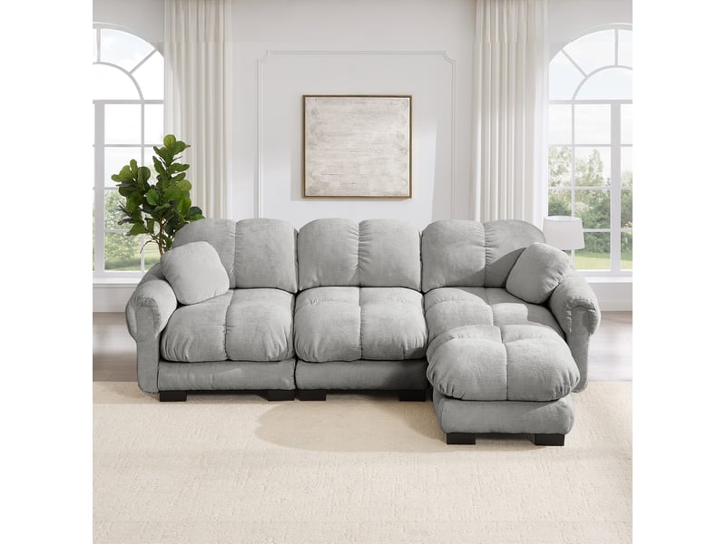  Canapé d'angle modulable 3 places modenvie avec ottomane mobile, tissu chenille gris clair, assises capitonnées, 260 x 149 x 90 cm  - Conforama B