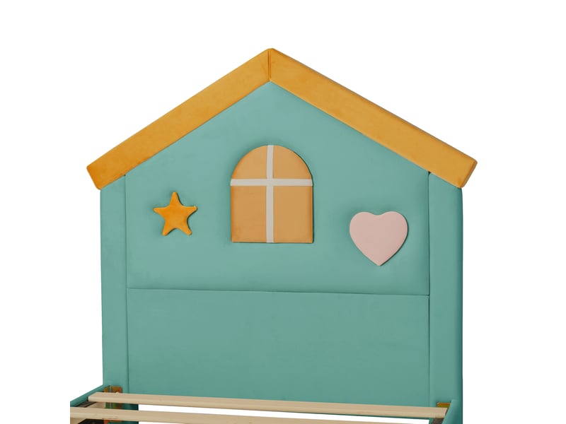  Lit enfant 90 × 200 cm 1 place avec 4 tiroirs, sans matelas, lit rembourré en velours bleu vert  - Conforama E