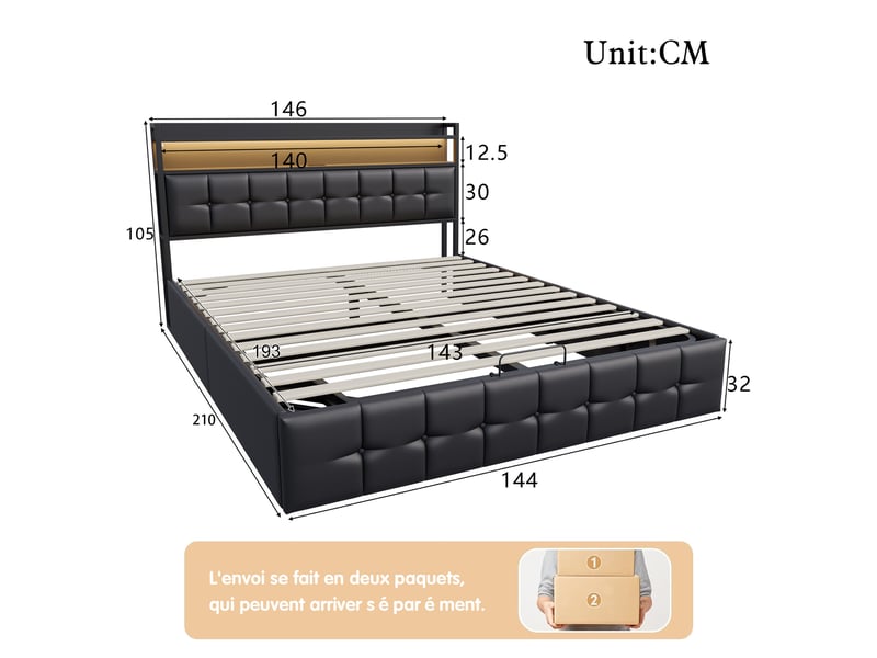  Lit coffre 140x190cm - lit double 140x190 avec tête de lit rangement, led rgb, prises usb, en similicuir - style moderne - noir  - Conforama E