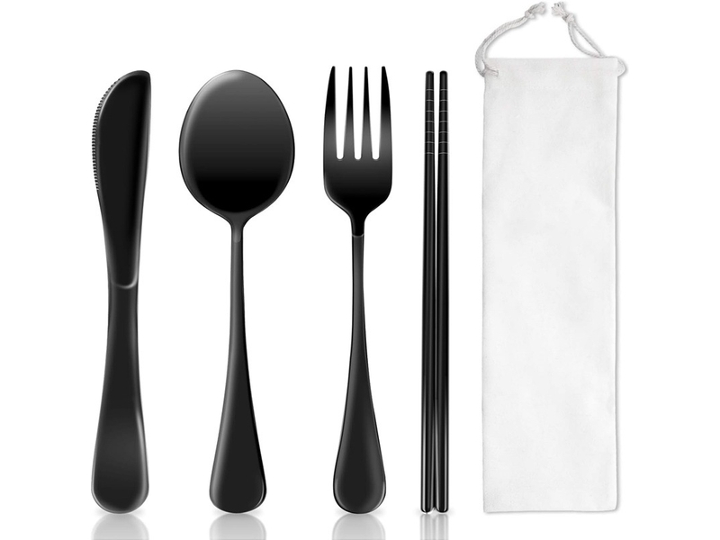 Un ensemble de couverts de voyage, un ensemble de couverts portables, en acier inoxydable, comprenant une fourchette et une cuillère - noir - Conforama A
