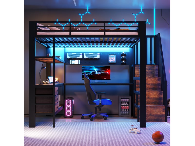  Lit mezzanine 140x200 cm en métal avec bureau, rangements, led et prise noir  - Conforama D