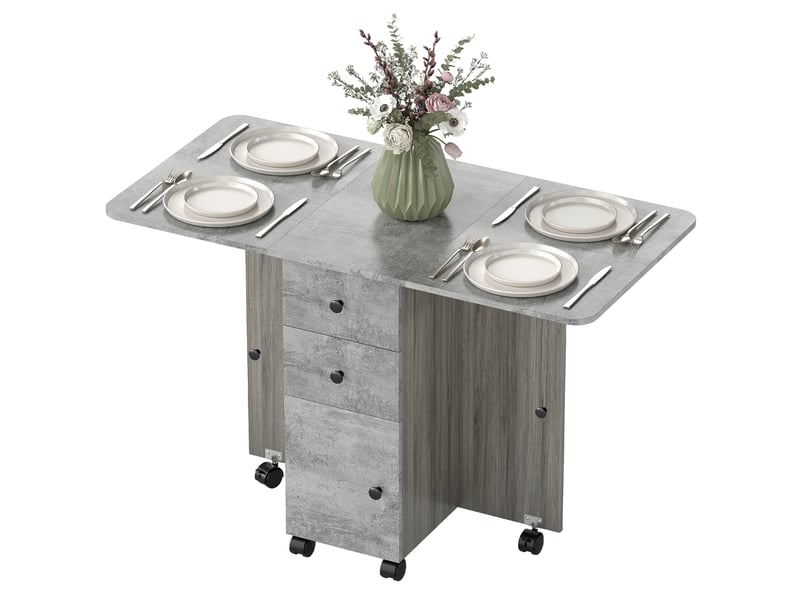  Table de salle à manger pliante à roulettes, rallonge rabattable, 2 tiroirs et un placard, jusqu'à 6 couverts, 120 x 60 x 76,5 cm, grise  - Conforama B