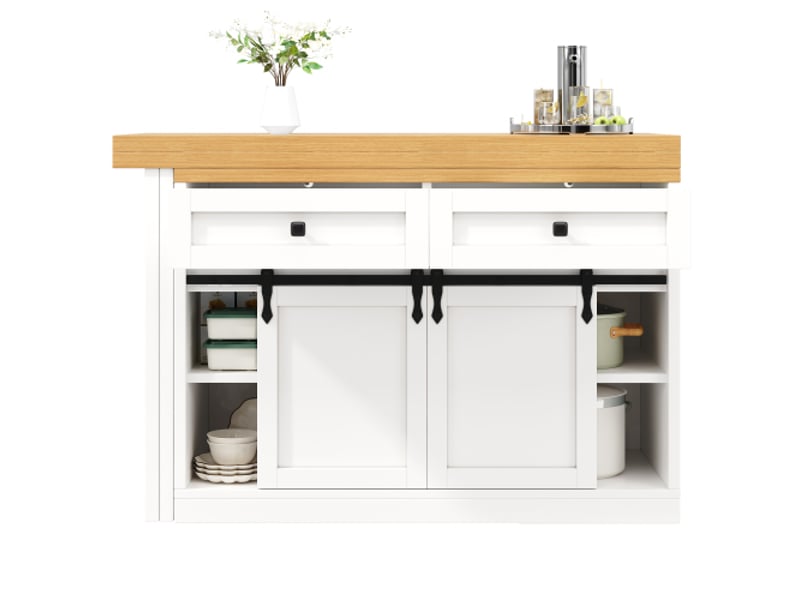  Îlot de cuisine pivotant 360° avec portes coulissantes – style grange – 120–197 cm – 2 tiroirs – étagères réglables – blanc  - Conforama A