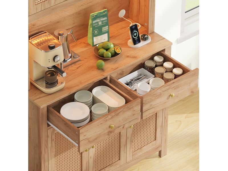  Buffet de cuisine 100x40x180 cm avec led, prises et portes en rotin coloris naturel  - Conforama E