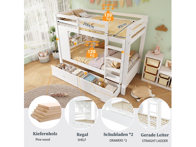  Lit superposé enfant 90x200 cm – blanc – 2 tiroirs, étagère ouverte et échelle intégrée – sans matelas  - Conforama E
