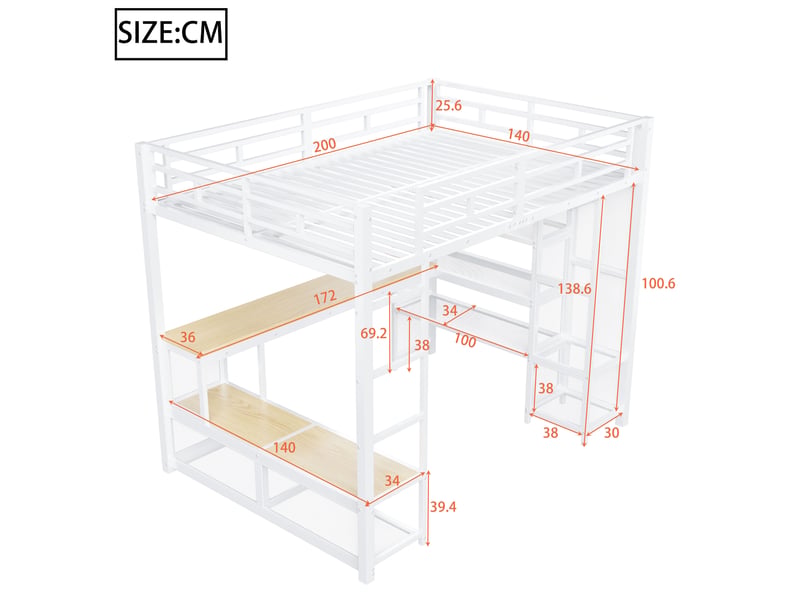  Lit mezzanine 140x200 cm avec bureau intégré, étagères et penderie ouverte, led 16 couleurs, usb, garde-corps hauts, métal blanc Radiant Stride - Conforama C