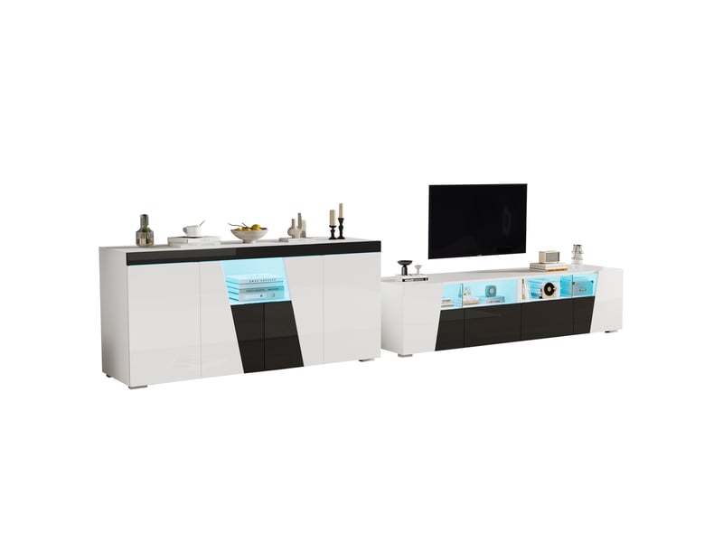  Ensemble meuble tv et buffet 180 x 38,5 x 45 cm – blanc et noir – led bluetooth et rangement lumineux  - Conforama A
