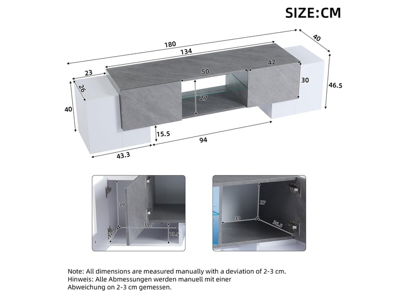 Meuble tv moderne blanc et gris avec led bluetooth 180x40x46,5 cm pour tv 606570 pouces avec rangement - Conforama C