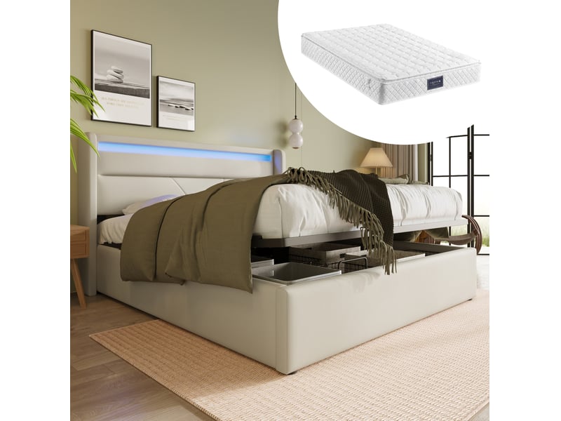  Lit coffre tcqpz 160 x 200 cm avec led en pu blanc  - Conforama B