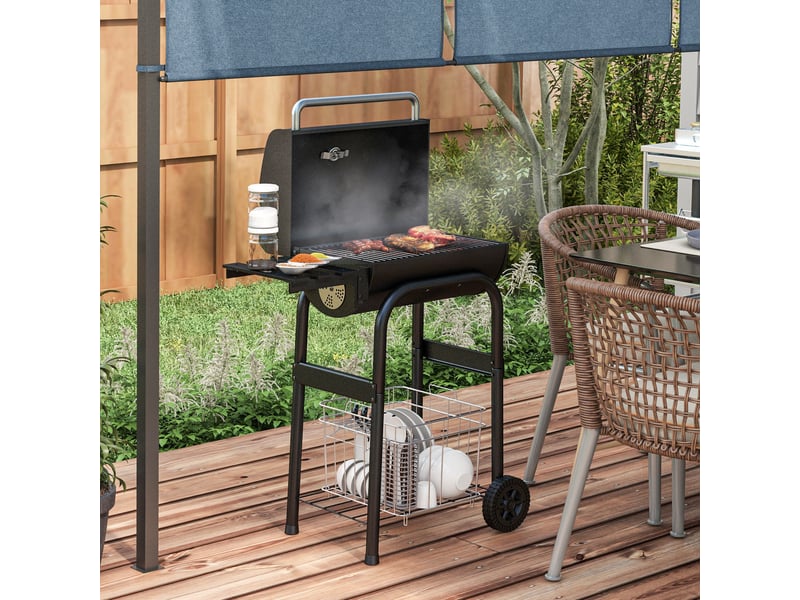  Barbecue au charbon de bois chariot de bbq, avec étagères, roulettes, couvercle, thermomètre, cheminée, en métal noir  - Conforama C