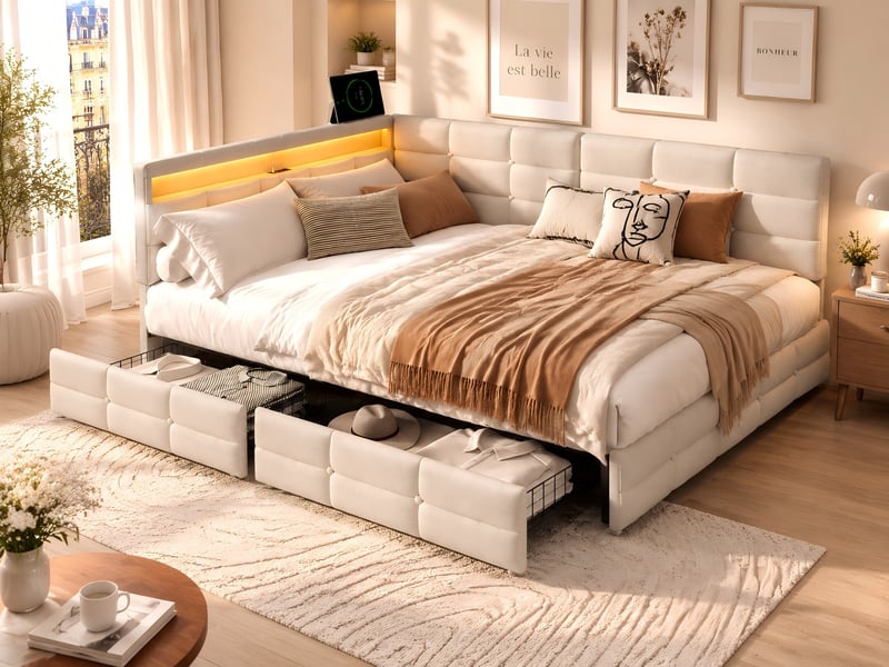  Kefsr lit double capitonné 140x190 cm, lit d'angle banquette avec 2 tiroirs, éclairage led, prises usbtype-c et sommier à lattes, tissu lin beige  - Conforama B