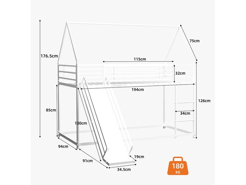  Lit superposé 90x190cm maison avec toboggan, garde-corps hauts, structure en fer stable, 1 sommier, blanc, sans matelas  - Conforama C