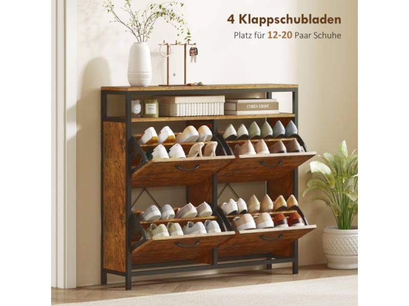  Meuble à chaussures étroit marron en acier 4 tiroirs rabattables avec étagère ouverte pour 12-20 paires  - Conforama B