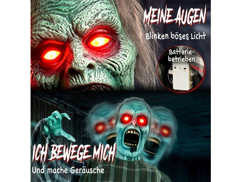  Zombie animé halloween 170 cm rouge, yeux led et activation sonore et tactile, décoration sur pied  - Conforama D