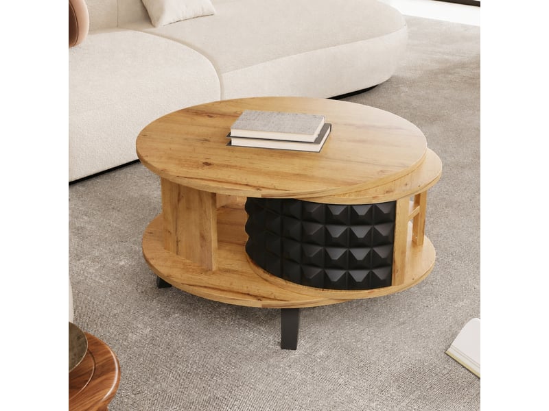  Table basse pivotante à 360° avec rangement caché, bois naturel et noir, 85,2 x 80 x 45,2 cm  - Conforama D