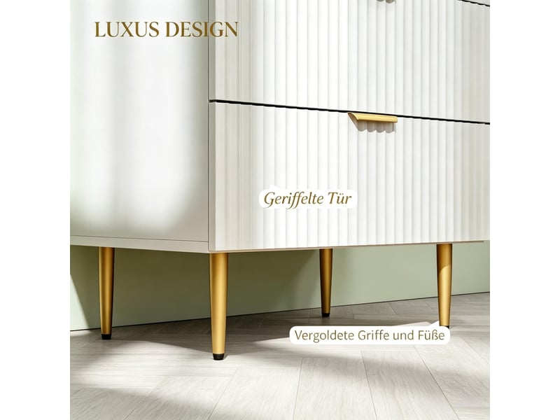  Commode à 4 tiroirs, meuble de rangement moderne pour chambre avec poignées et pieds dorés, 60 × 40 × 96 cm, blanc  - Conforama E