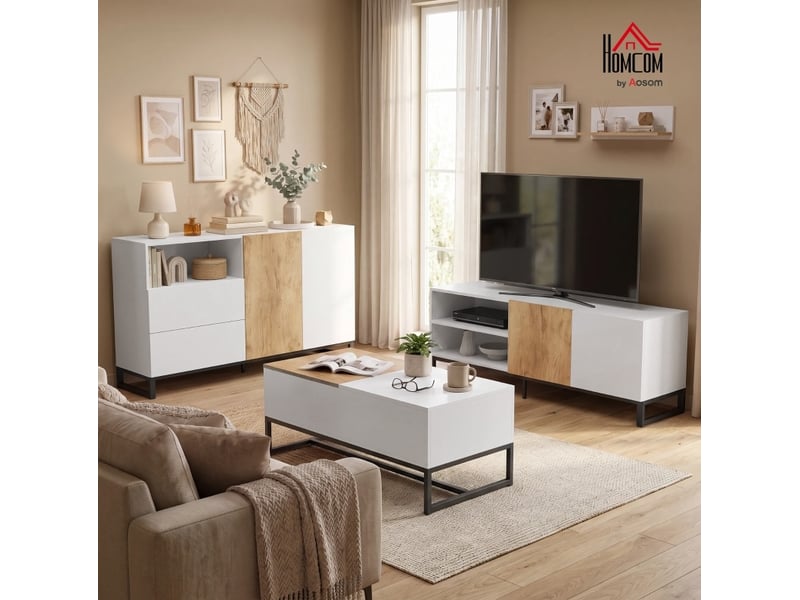  Meuble tv bas 140 x 36,5 cm – blanc et chêne clair – rangements réglables et passe-câbles intégrés  - Conforama D