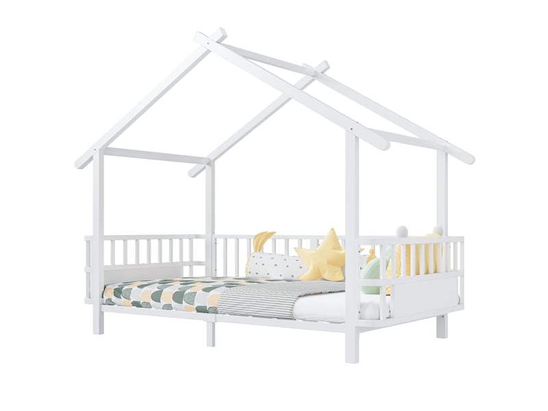  Lit cabane enfant 90x200 en métal blanc, structure toit et barrière de sécurité intégrée pour chambre  - Conforama A