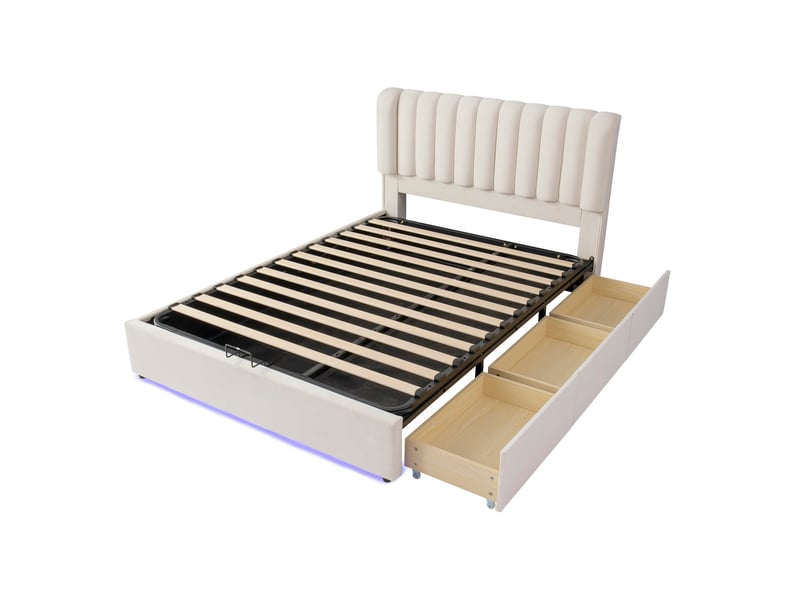  Lit adolescent avec rangement 140 x 200 cm, coffre hydraulique et velours beige  - Conforama D