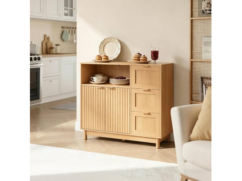  Sideboard 90 x 35 x 80 cm couleur bois, mdf et panneau de particules, rangement avec tiroirs et portes  - Conforama E