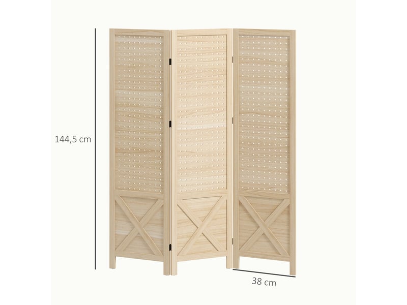  Paravent intérieur en bois 3 panneaux séparateur de pièce pliable panneau perforé bois naturel 114 x 1,7 x 144,5 cm  - Conforama C
