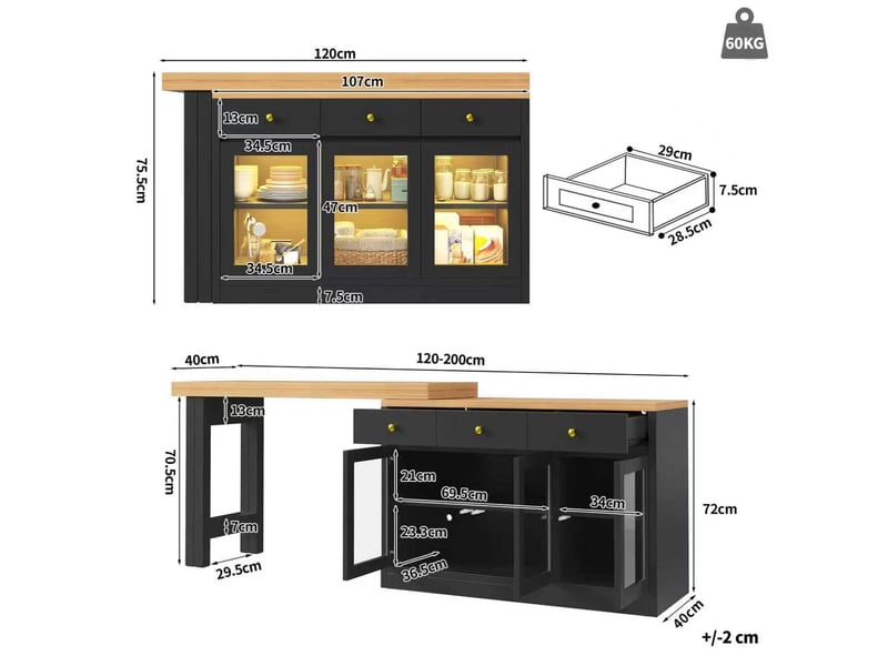  Desserte de cuisine extensible avec 3 tiroirs et 3 portes vitrées, led contrôlée par application, pour cuisine  - Conforama D